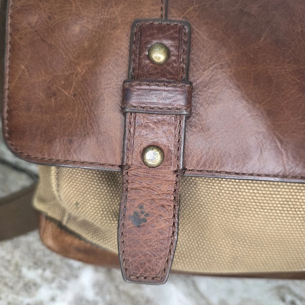 Fossil Brown Leather and Tan Canvas Messenger Bag